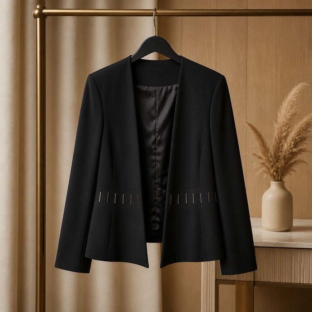 Kasper Women's Plus Size Black Stretch Crepe Open-Front Collarless Blazer